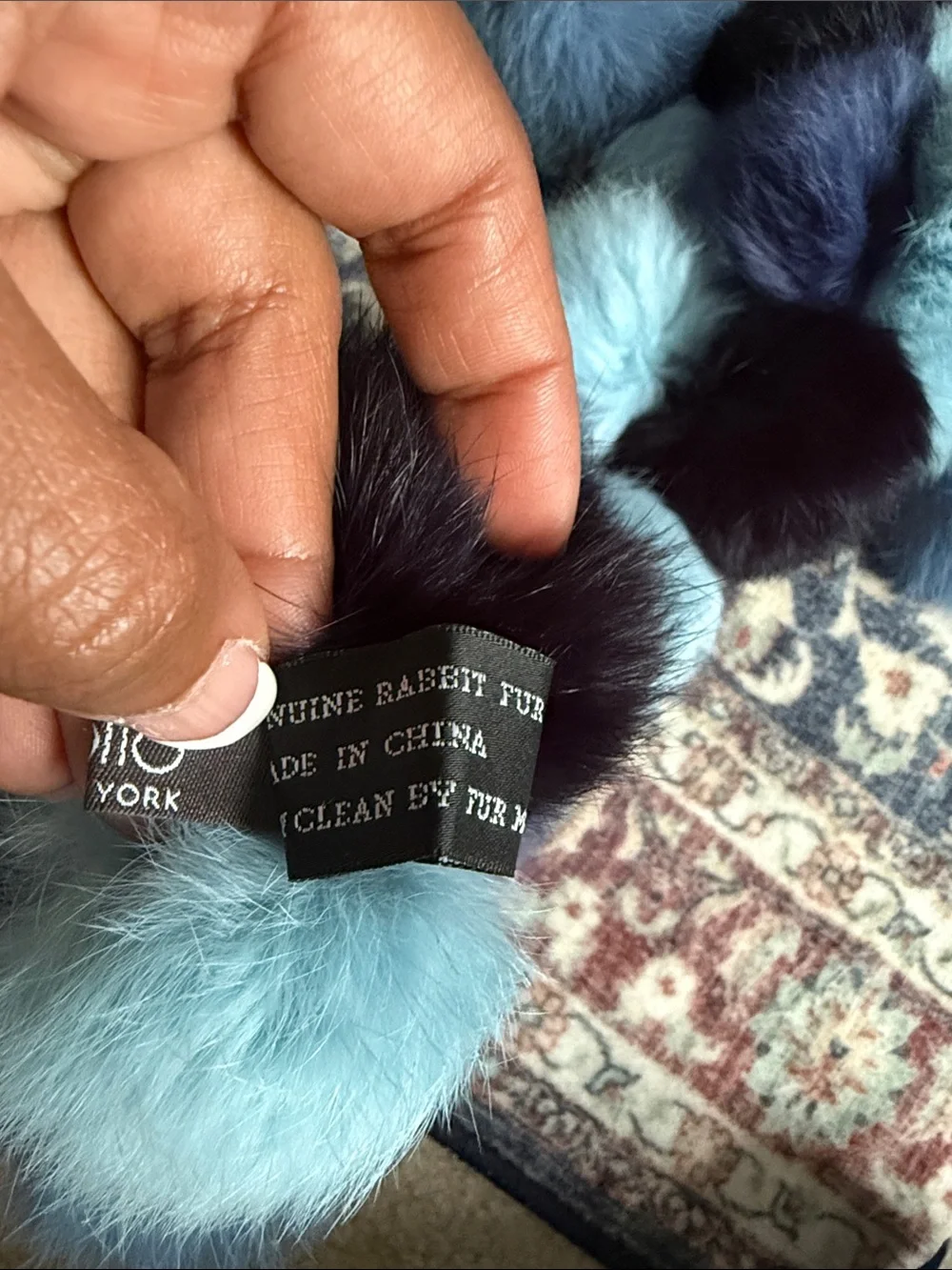 Folio Genuine Rabbit Fur Plush Blue Ombre Pom-Pom Scarf -